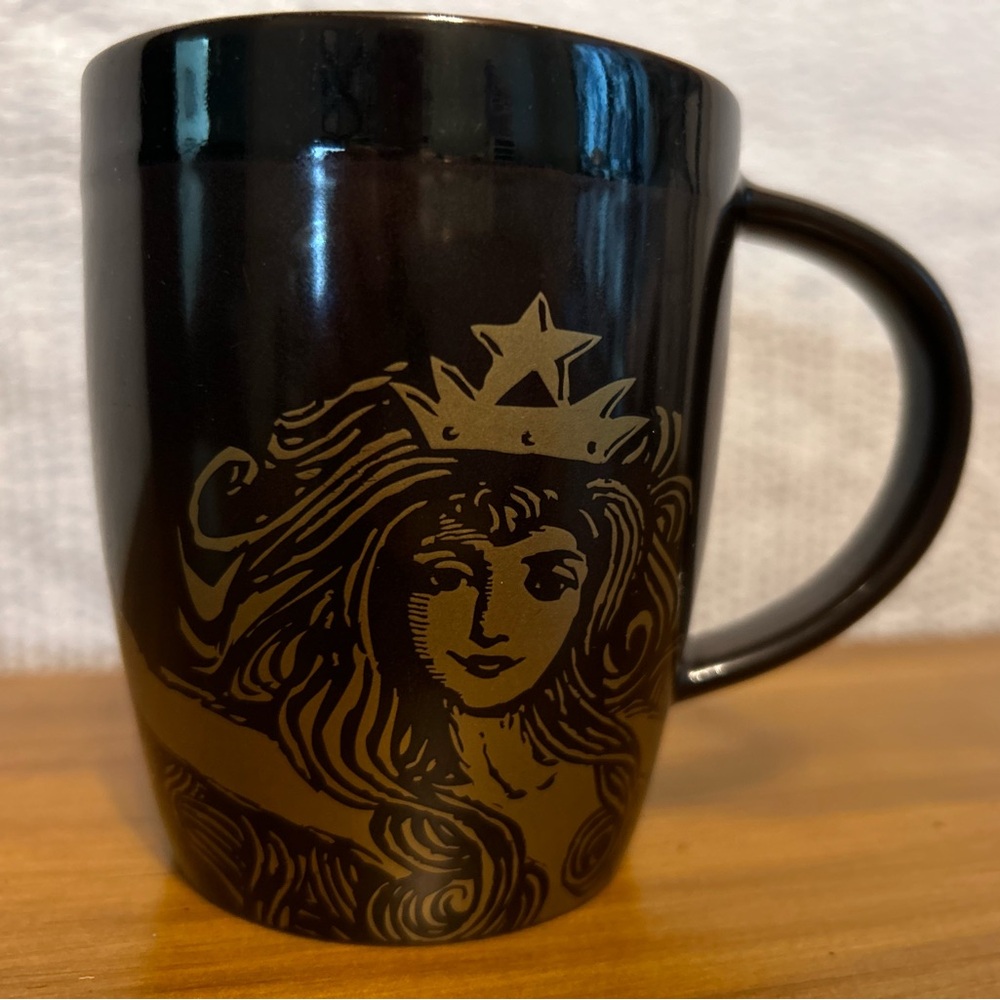 Starbucks Coffee Siren Mermaid 2012 Anniversary Coffee Mug Black Brown Gold 12oz